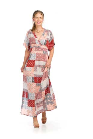 PD-16521 - PATCH PRINT SHORT SLEEVE MAXI DRESS WITH WRAP TOP - Colors: AS SHOWN - Available Sizes:XS-XXL - Catalog Page:31 